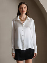 [Blanco] SilkSilky-ES 19Momme Manga larga Cuello con Solapa Blusas de Mujer 006
