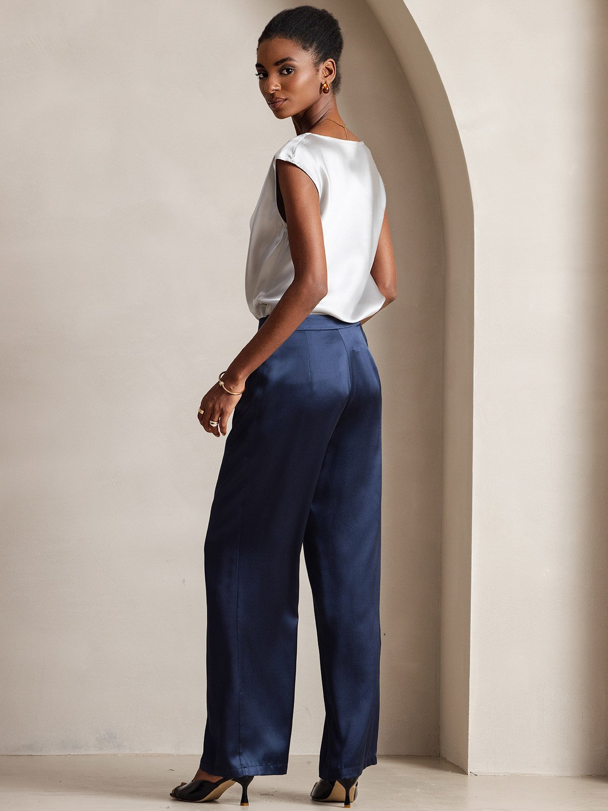 [Azul Oscuro] SilkSilky-ES 19Momme Seda Womens Pants 003
