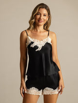 [Negro] SilkSilky-ES Spaghetti Strap V Neck Conjunto de tirantes 001