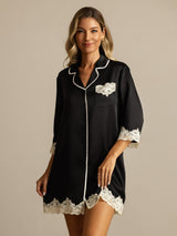 [Negro] SilkSilky-ES Seda Pura Cuello Camisero Camisas de dormir 003