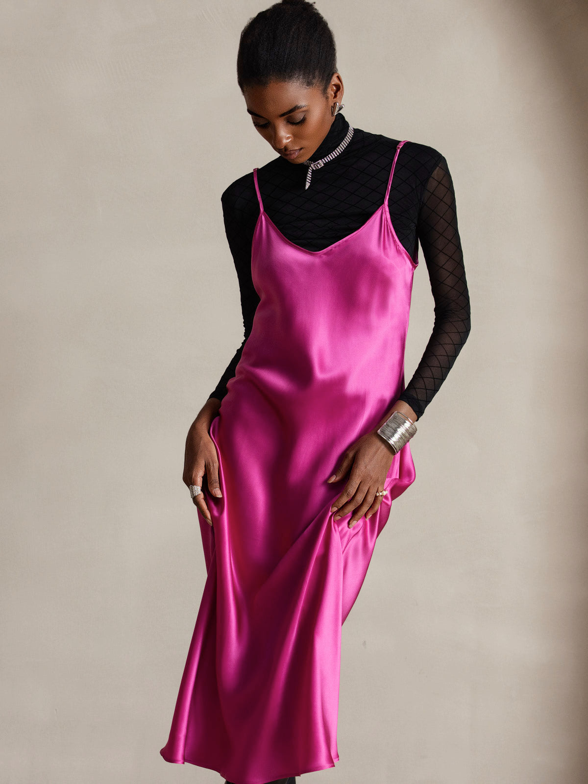 [Rosa Roja] SilkSilky-ES Spalline Sottili Cuello en V Vestido 005