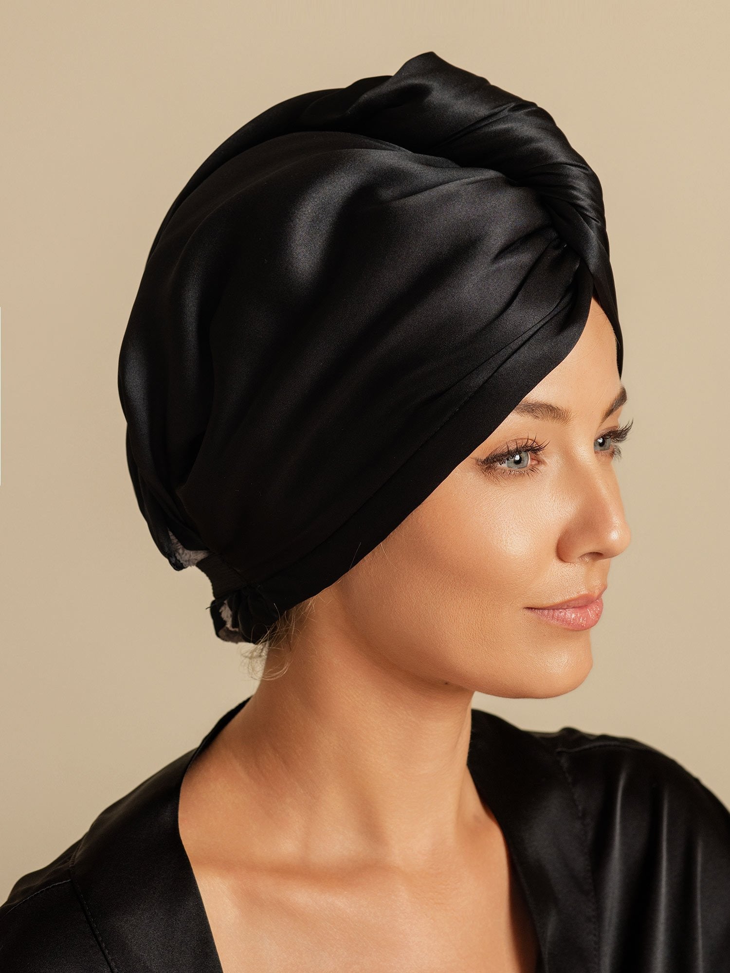 [Negro] SilkSilky-ES Seda Pura Hair Towel Wrap 005,