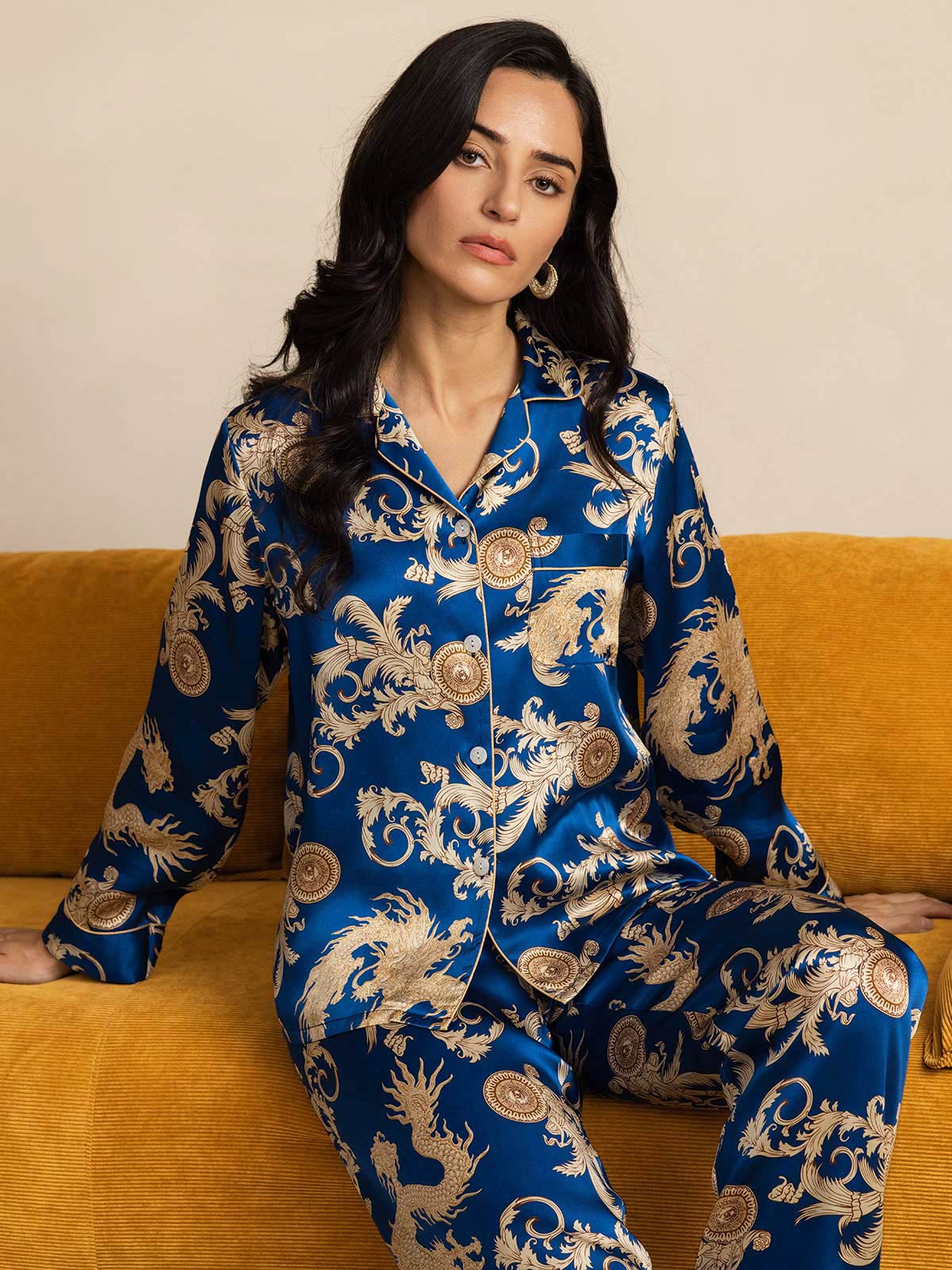 [Dragón Navy] SilkSilky-ES Seda Pura Womens Pajamas 001