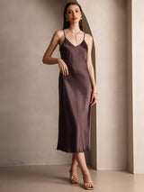 [Café] SilkSilky-ES Spaghetti Strap V Neck Vestido 004