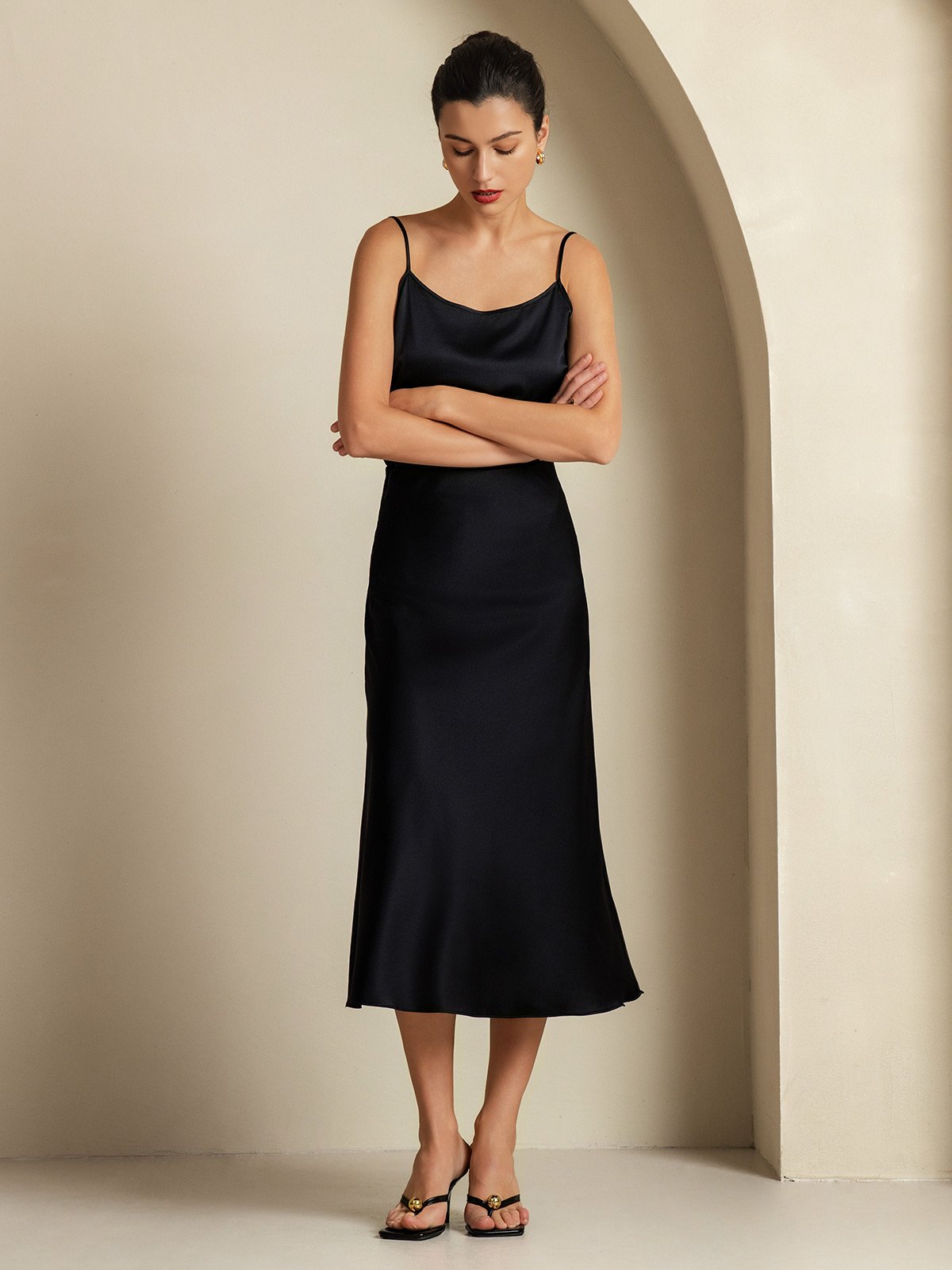 [Negro] SilkSilky-ES 19Momme Seda Pura Womens Outfit Sets 004,