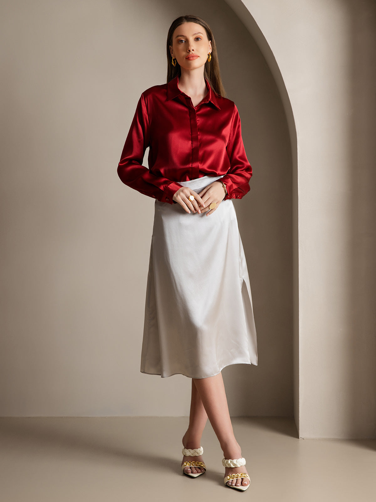 [Vino] SilkSilky-ES 19Momme Seda Lapel Collar Blusas de Mujer 007