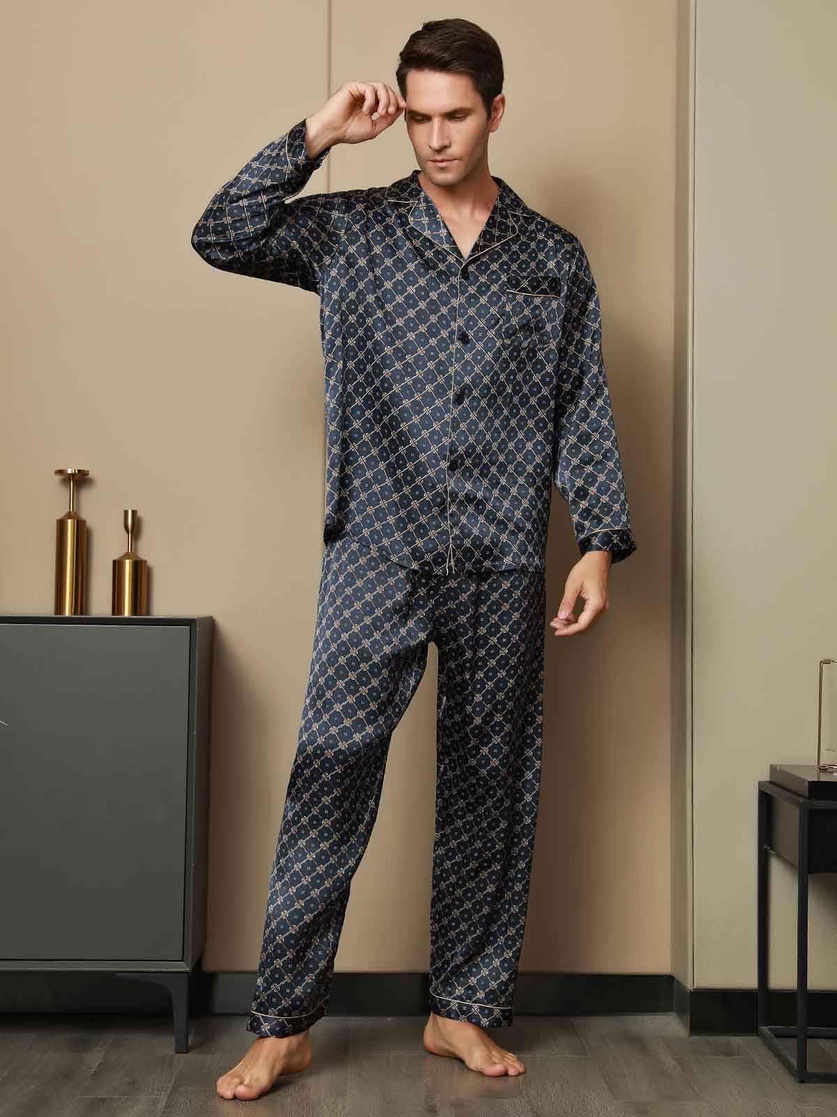 [Cadena Azul Marino] SilkSilky-ES Seda Pura Mens Pajamas 004