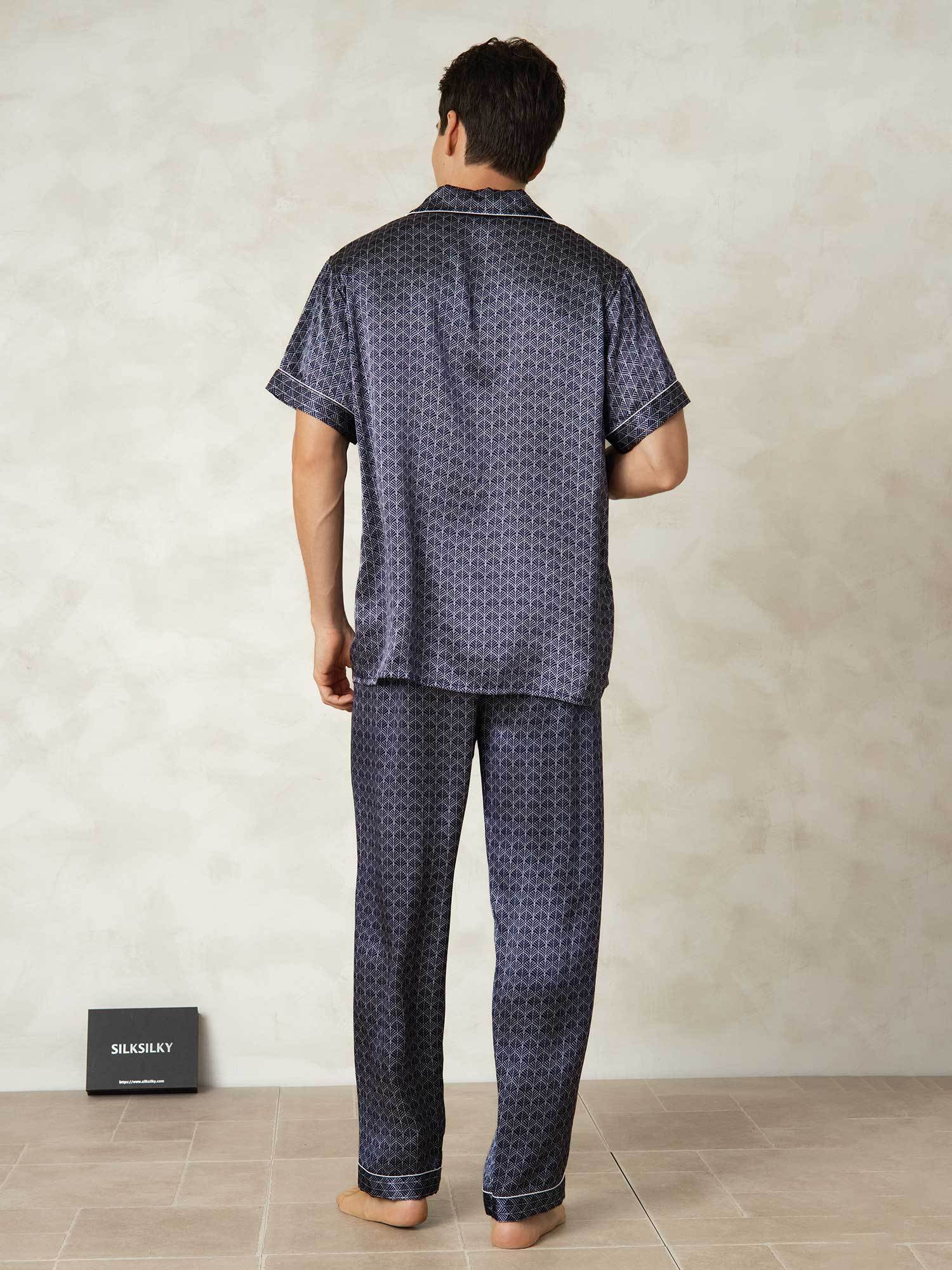 [GinkgoAzulMarino] SilkSilky-ES Seda Pura Lapel Collar Pijamas de hombre 002