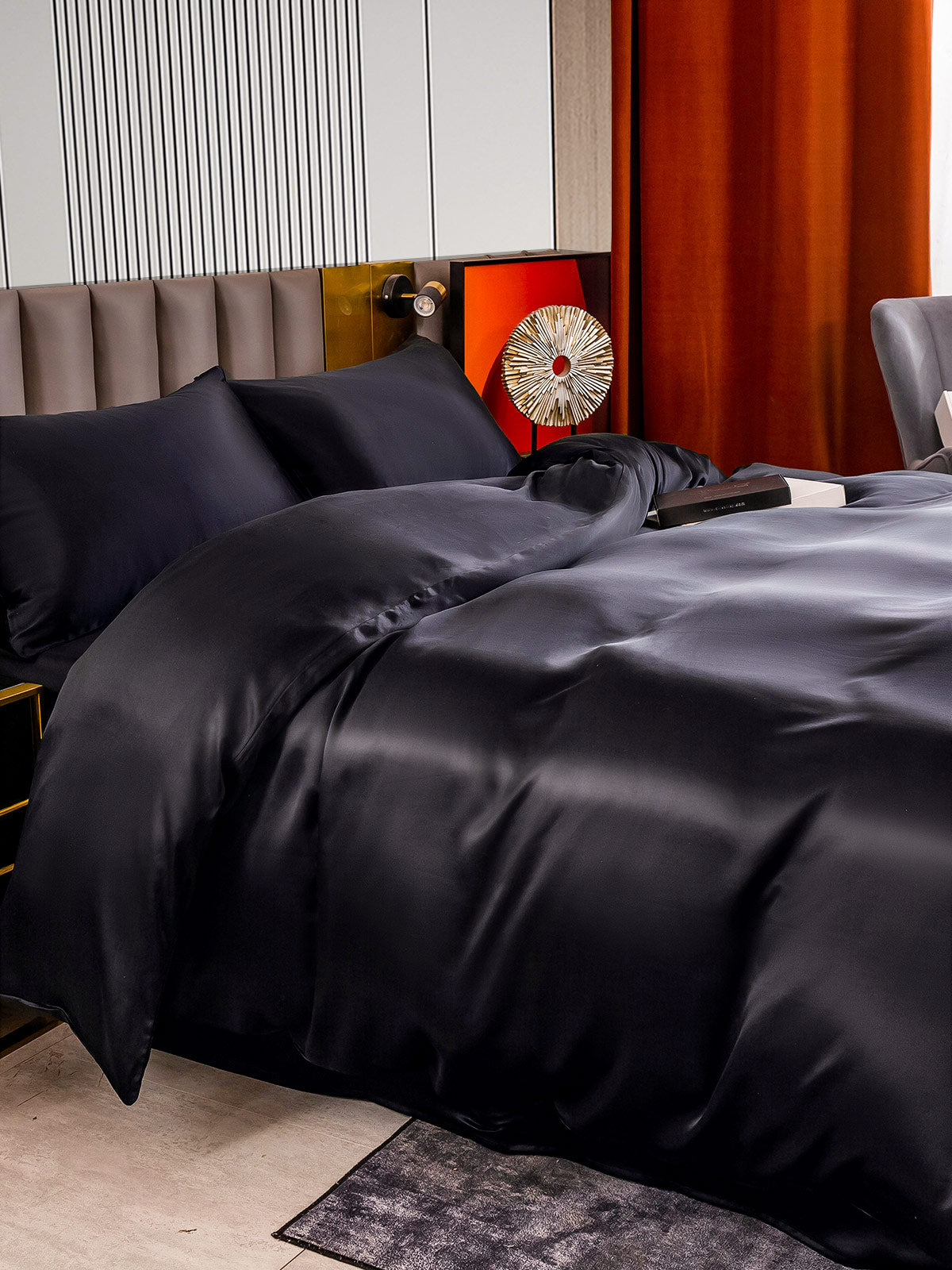 [Negro] SilkSilky-ES 22Momme Seda Pura Bedding Set 003