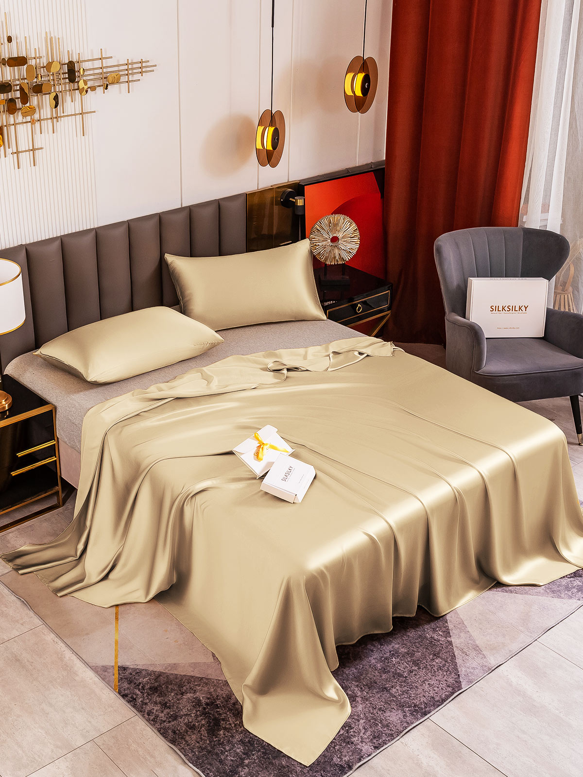 [Beige] SilkSilky-ES 19Momme Juego de ropa de cama 001