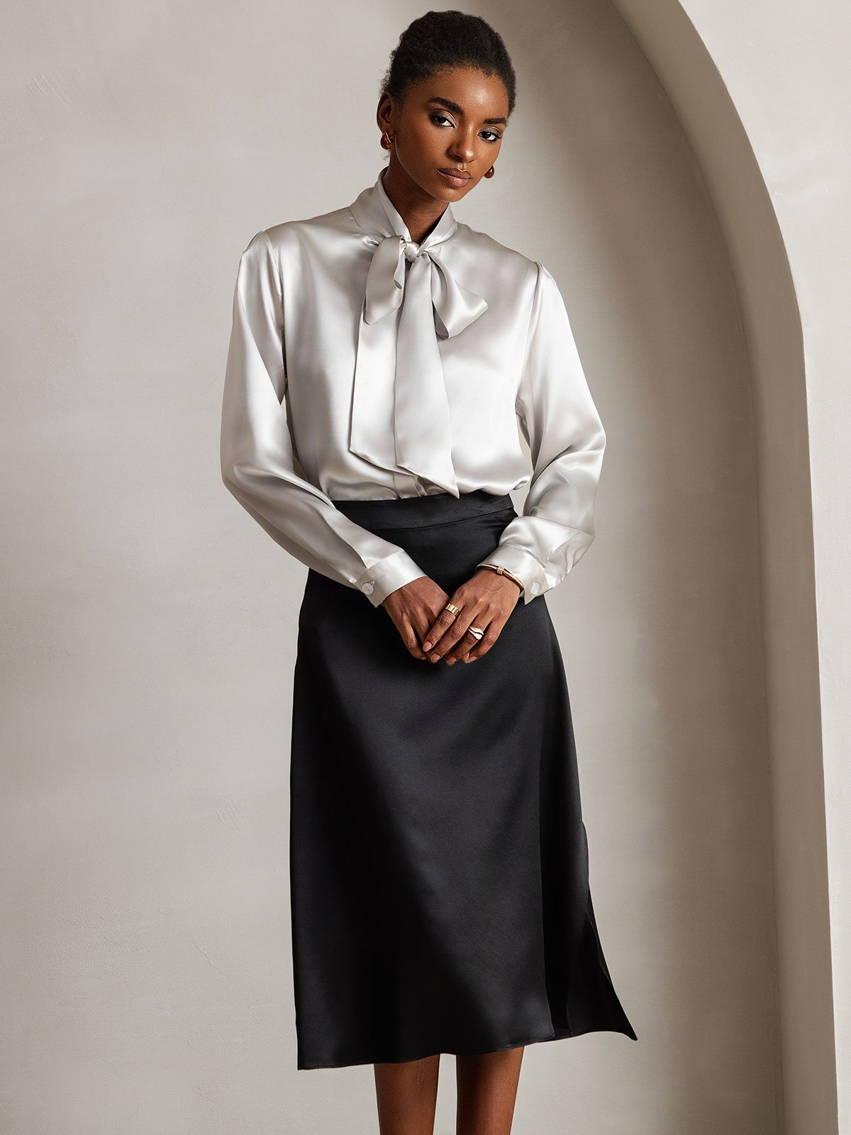 [Gris Claro] SilkSilky-ES 19Momme Seda Manga larga Corbata Blusas de Mujer 005