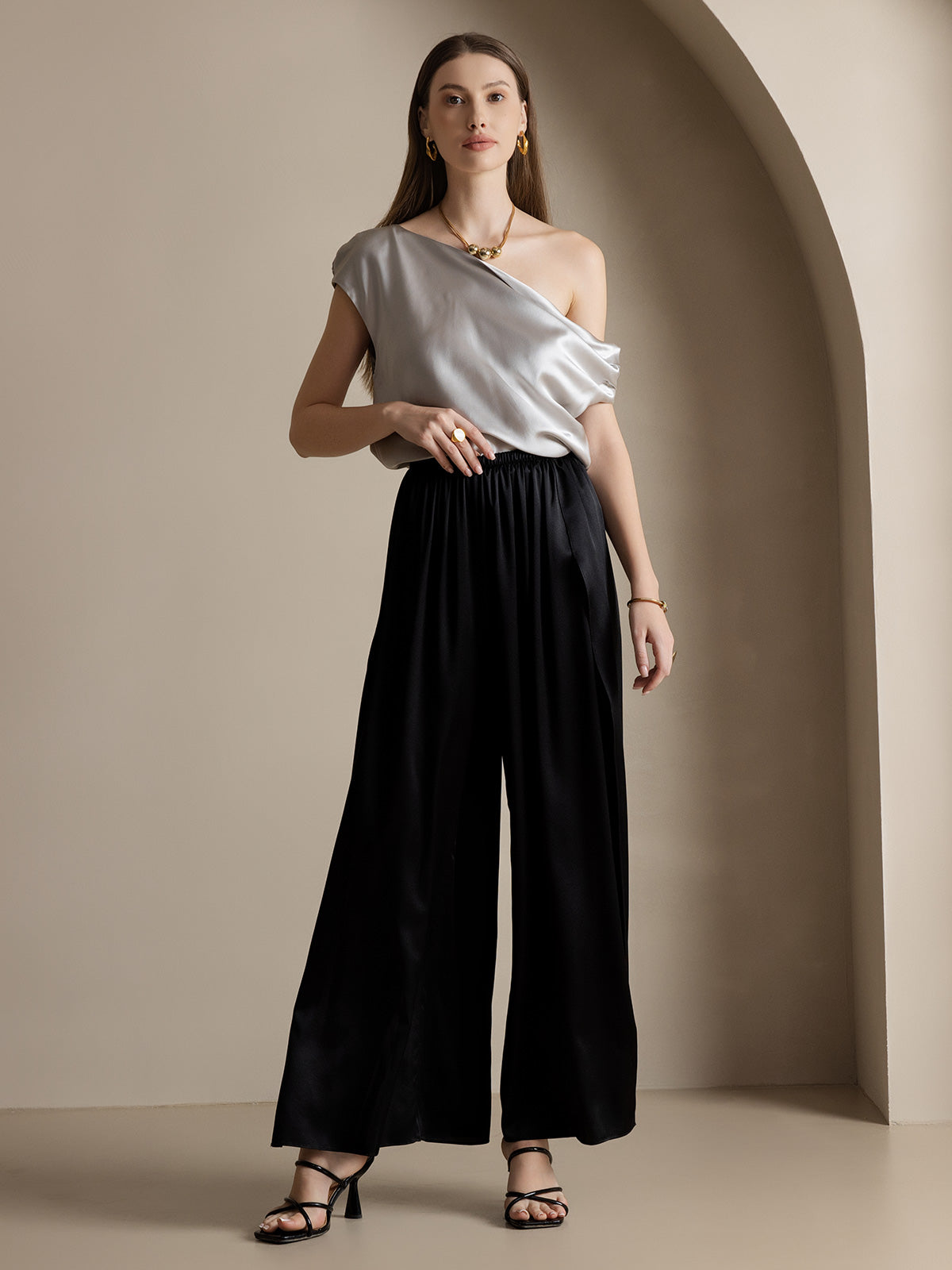 [Negro] SilkSilky-ES 19Momme Seda Split Pantalones de mujer 006
