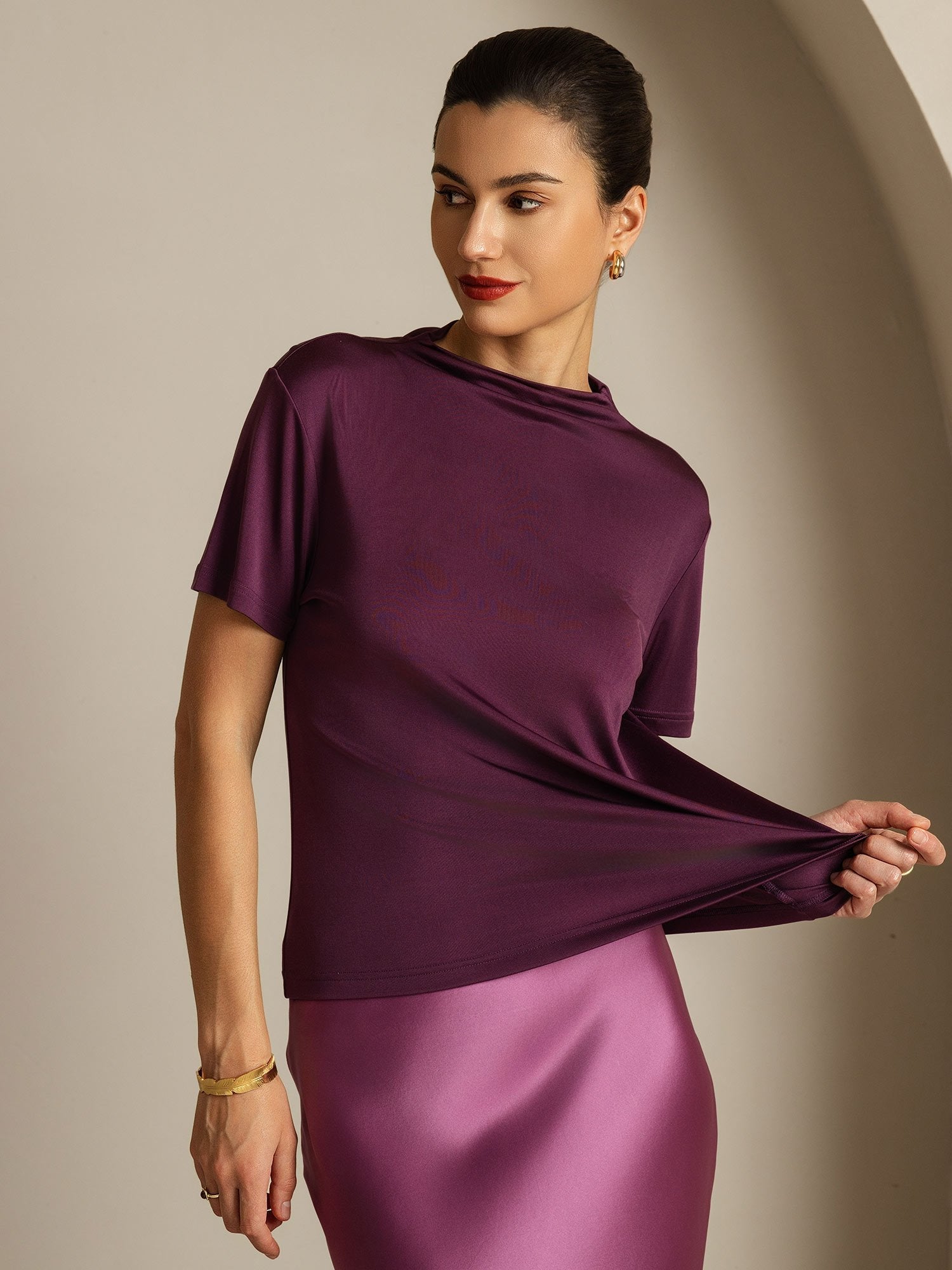 [Púrpura] SilkSilky-ES Seda Pura Cuello Camisero Camisetas de Mujer 001