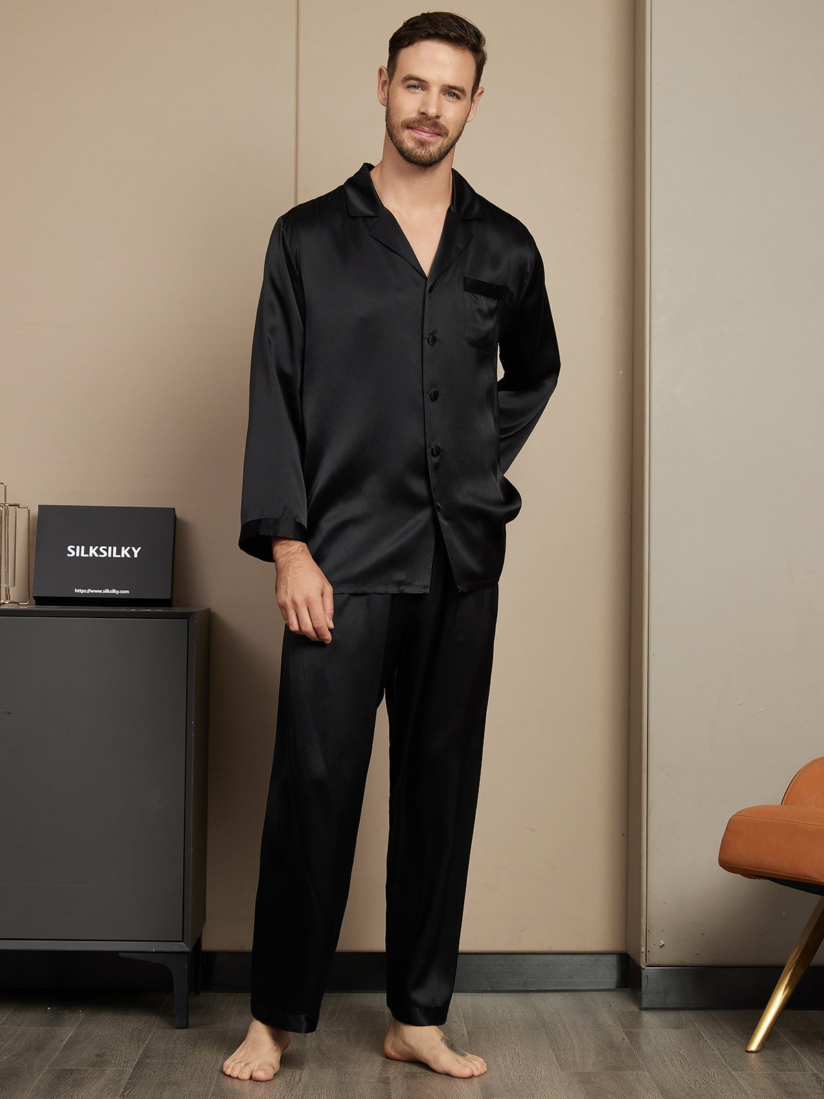 [Negro] SilkSilky-ES Seda Pura Mens Pajamas 005