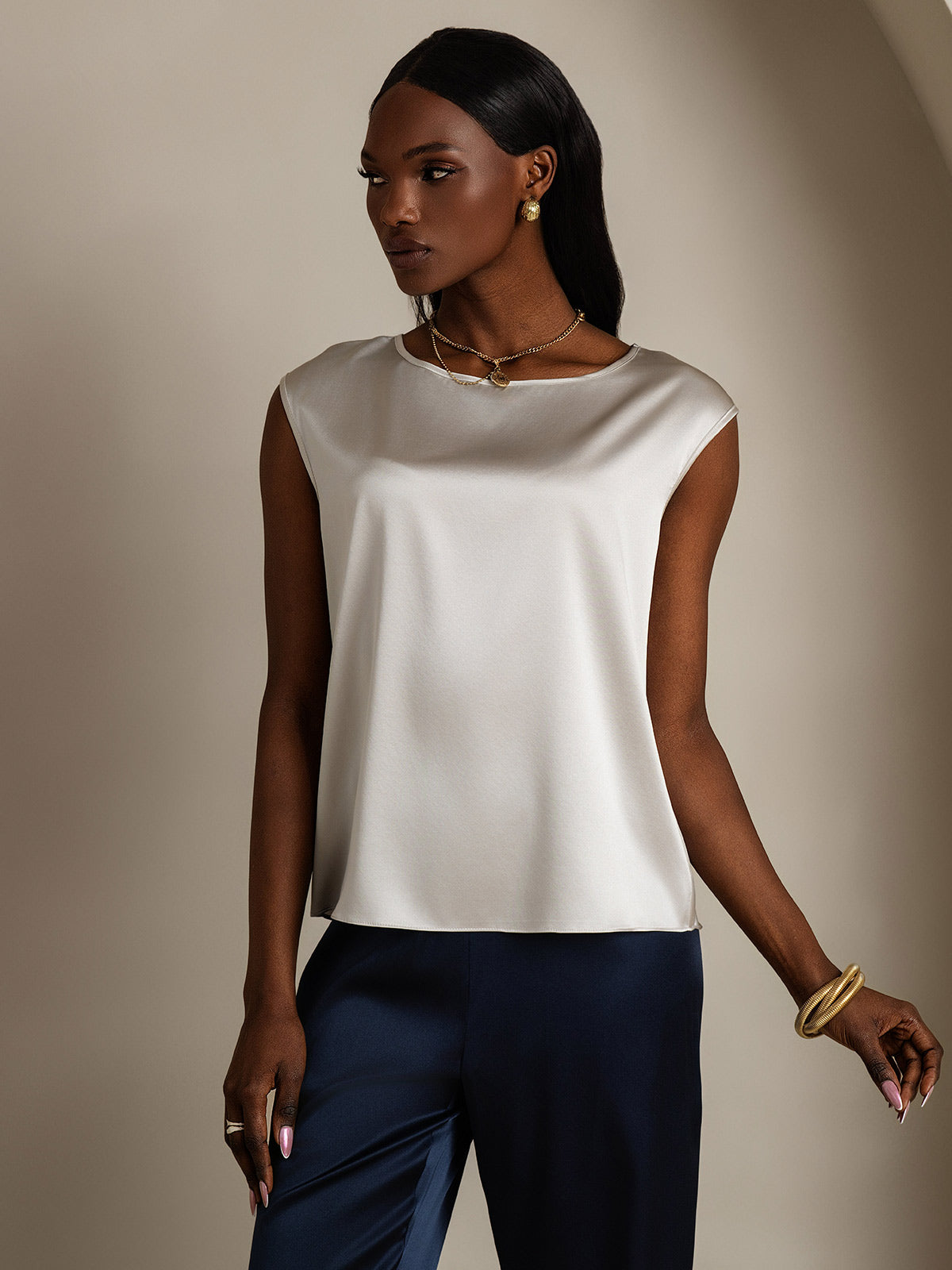 [Gris Claro] SilkSilky-ES 19Momme Seda Womens T-Shirt 004