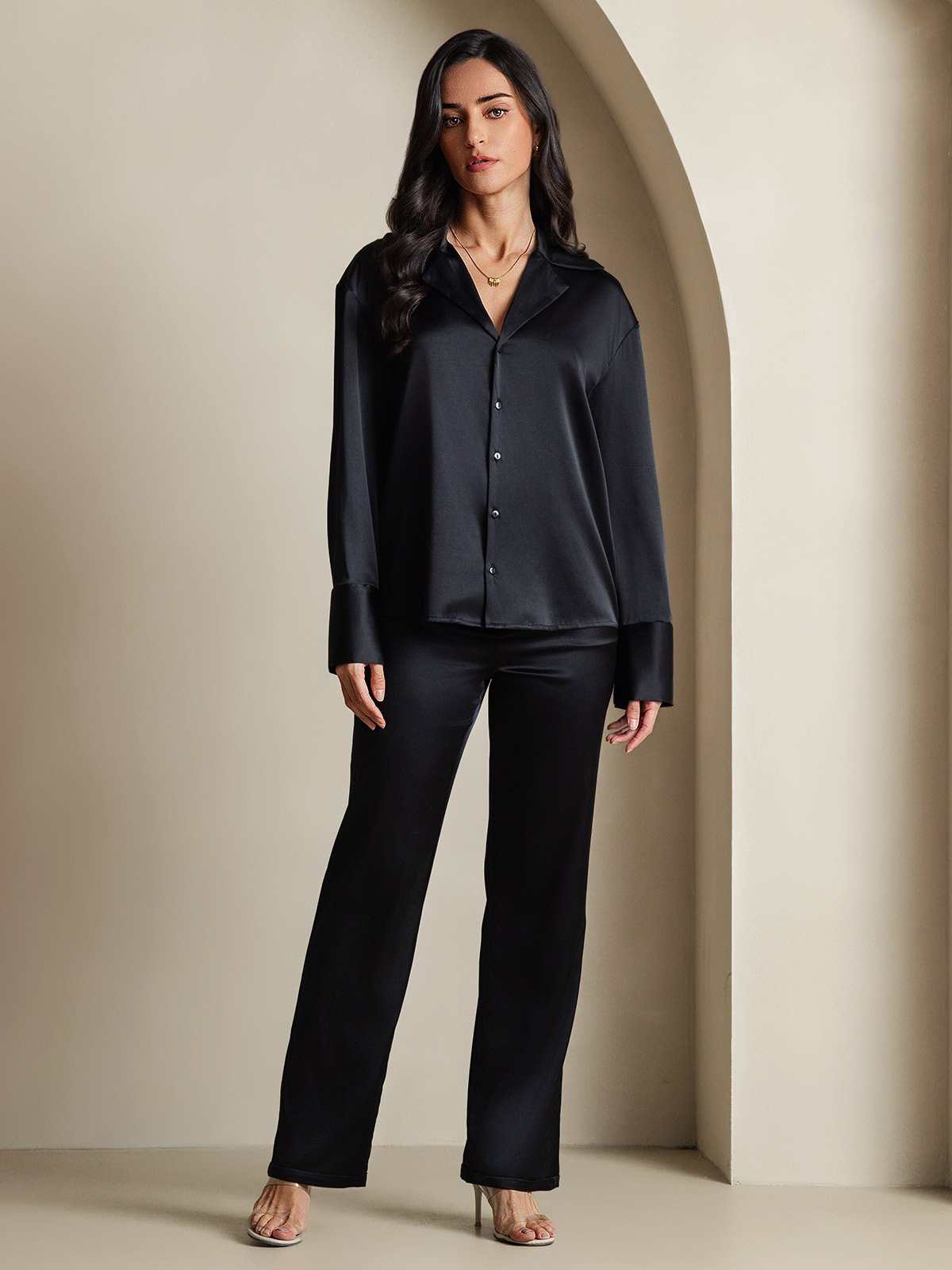 [Negro] SilkSilky-ES 19Momme Seda Womens Shirt 006