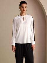 [Blanco] SilkSilky-ES Long Sleeve Keyhole Neck Blusas 001