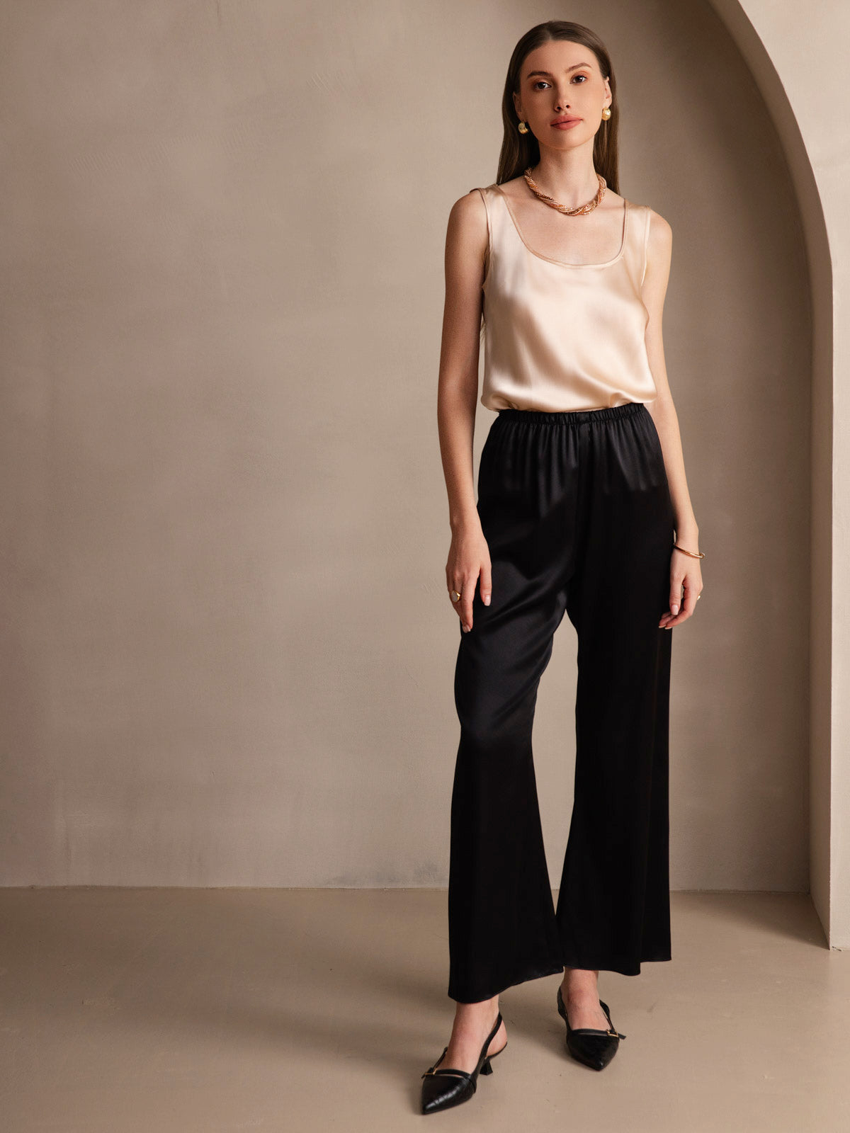 [Champán] SilkSilky-ES 19Momme Seda Cuello en U Top de tirantes 008