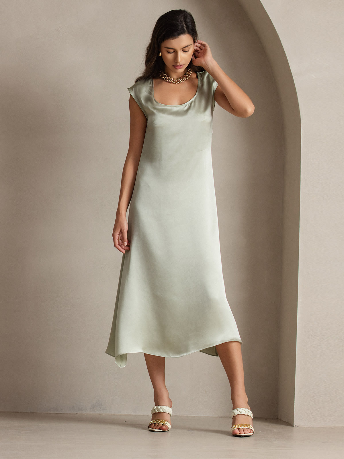 [Verde Claro] SilkSilky-ES 19Momme Seda Dress 003