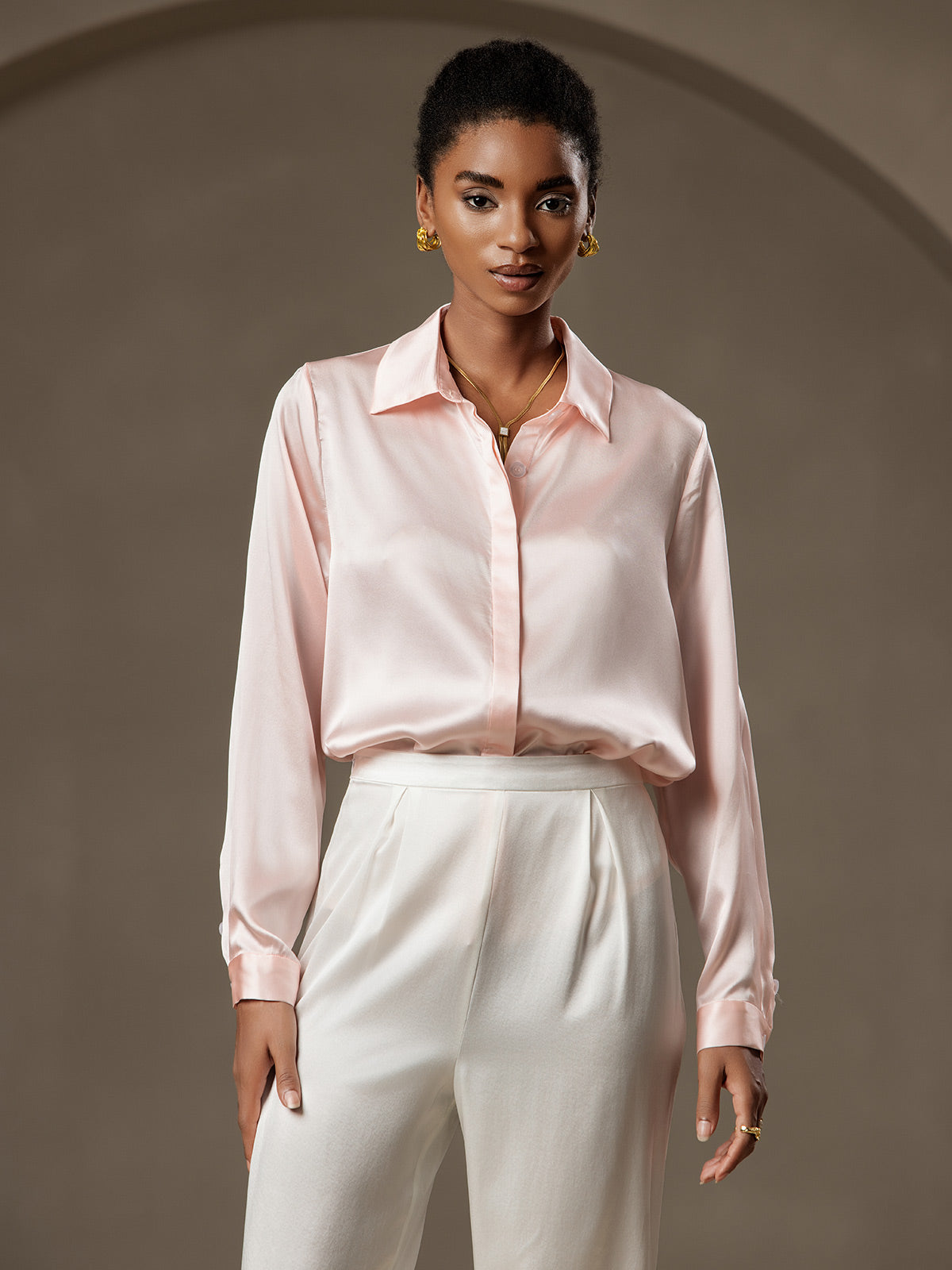 [Rosa] SilkSilky-ES 19Momme Seda Lapel Collar Blusas de Mujer 005