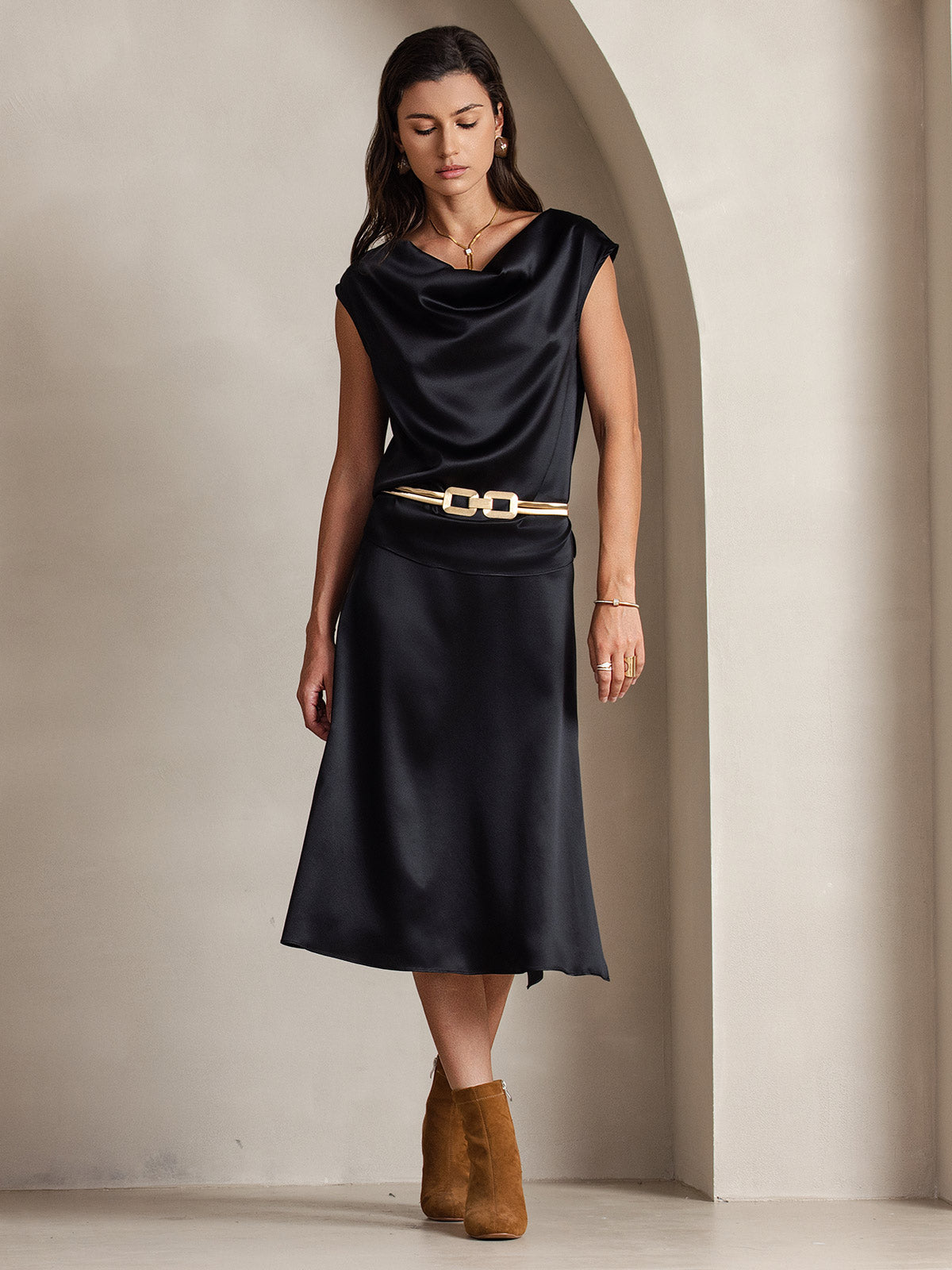 [Negro] SilkSilky-ES 19Momme Seda Escote Caído Camisetas de Mujer 003