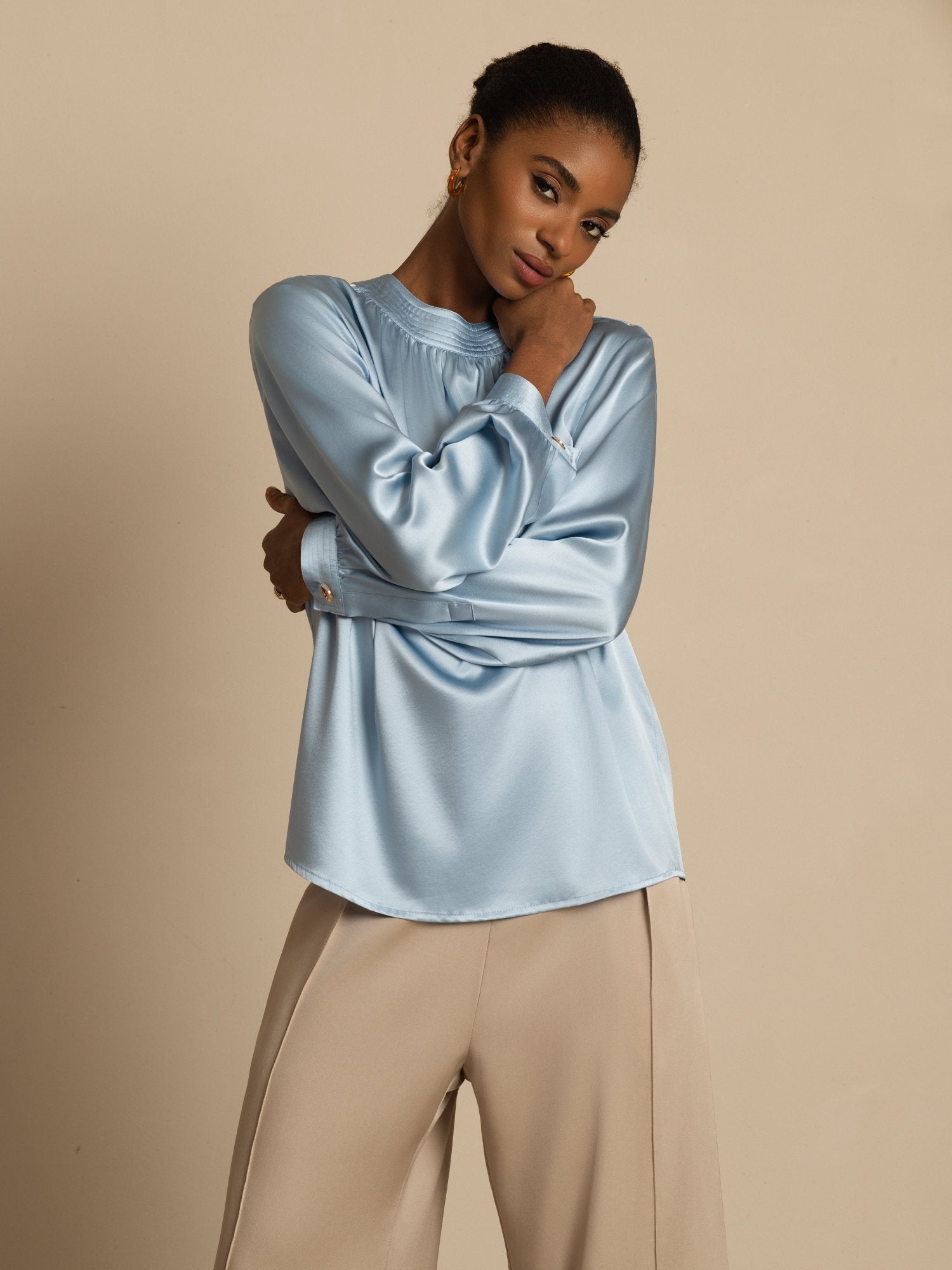 [AzulGrisáceo] SilkSilky-ES 19Momme Seda Manga larga Cuello Redondo Blusa 005