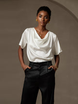 [Blanco] SilkSilky-ES Short Sleeve Cowl Neck Blusas 001