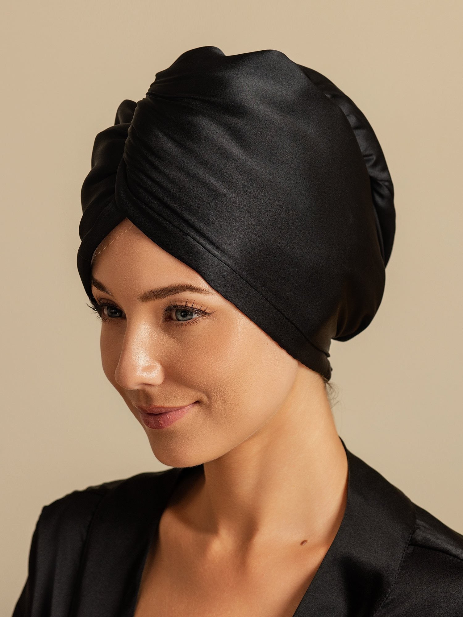 [Negro] SilkSilky-ES Seda Pura Hair Towel Wrap 004,