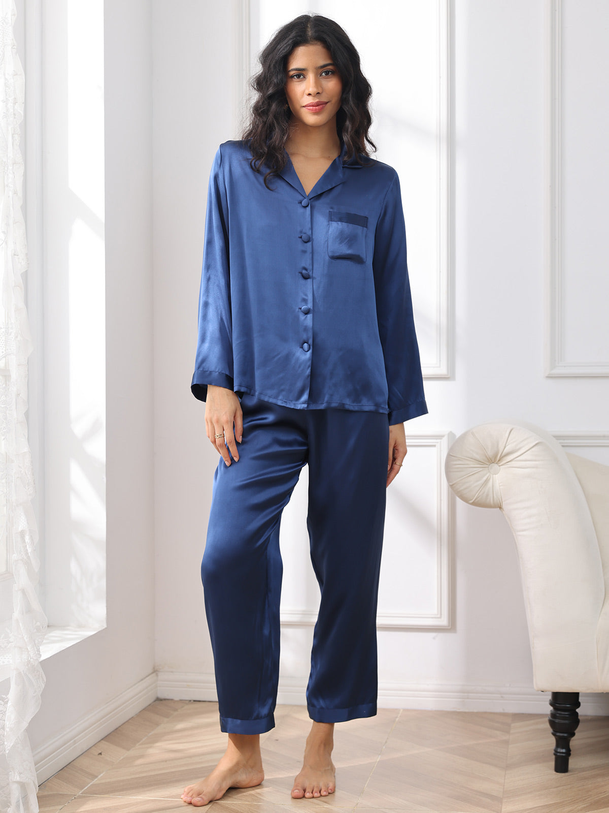 [Azul Oscuro] SilkSilky-ES Seda Pura Womens Pajamas 003,