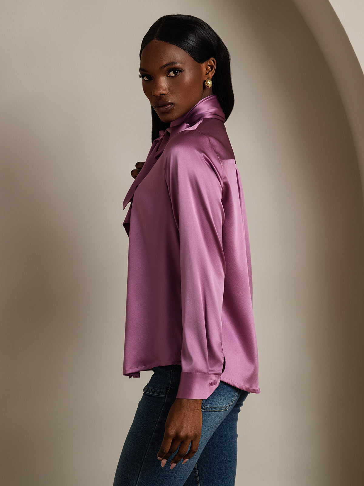 [Morado Oscuro] SilkSilky-ES 19Momme Seda Manga larga Corbata Blusas de Mujer 004