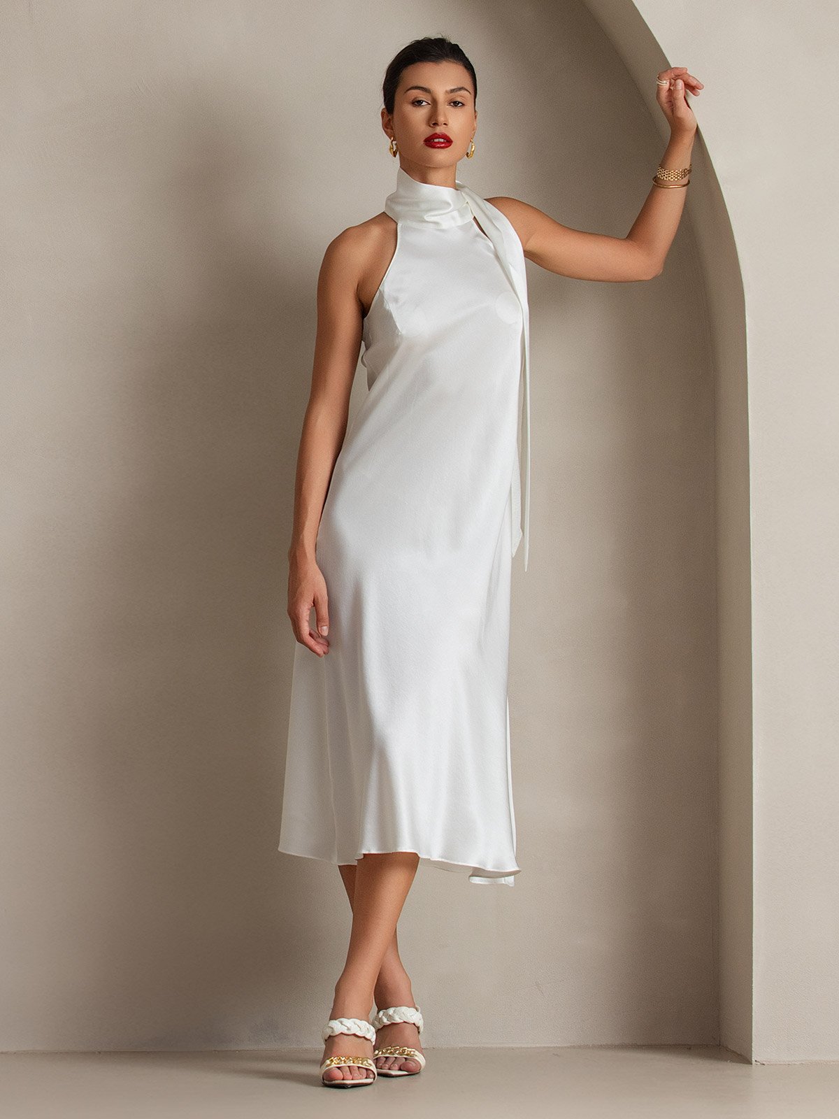 [Blanco] SilkSilky-ES 19Momme Seda Sin mangas Corbata Vestido 005