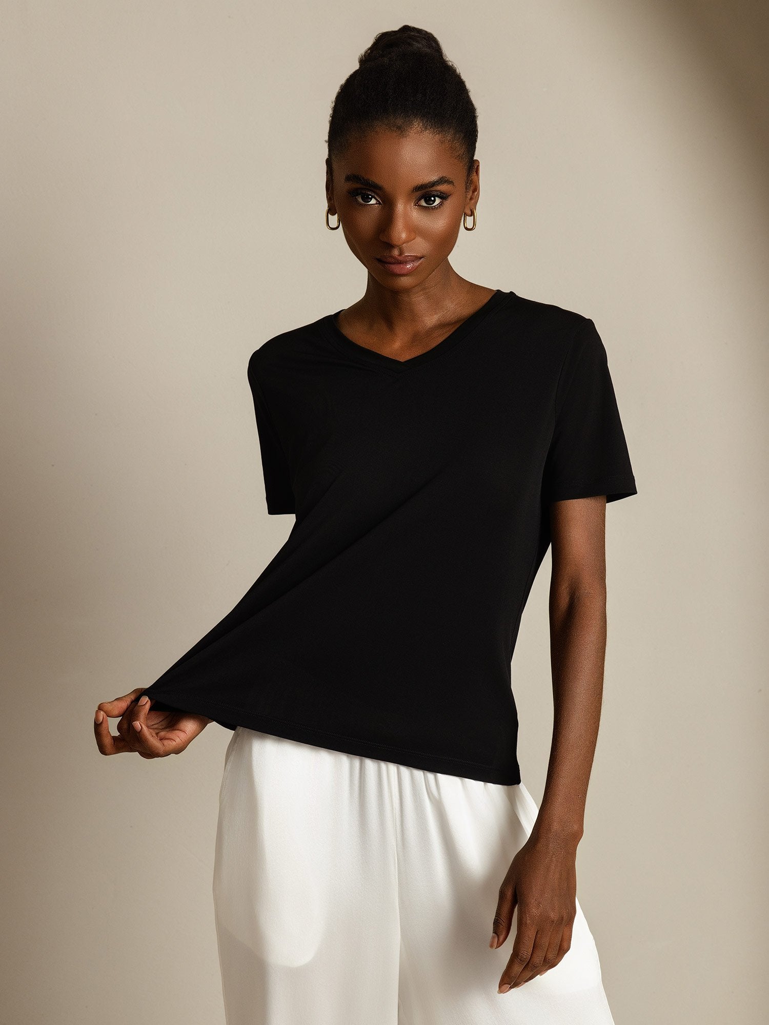 [Negro] SilkSilky-ES Seda Pura Cuello en V Camisetas de Mujer 006