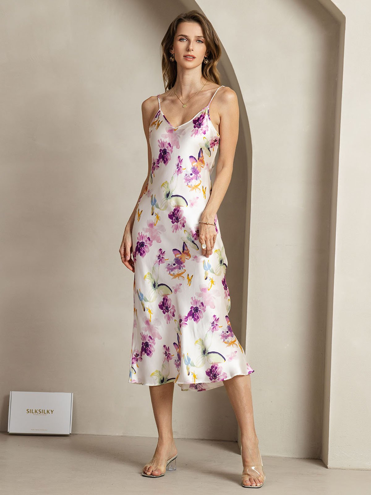 [FloresAcuarela] SilkSilky-ES 19Momme Seda Cuello en V Vestido 003