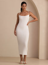 [Blanco] SilkSilky-ES Spaghetti Strap Boat Neck Vestido 006
