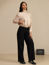 [MarrónClaro+Rosa] SilkSilky-ES 18Momme Manga larga Cuello Alto Chaqueta de mujer 008