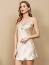 [Beige] SilkSilky-ES Spaghetti Strap V Neck Camisón 001