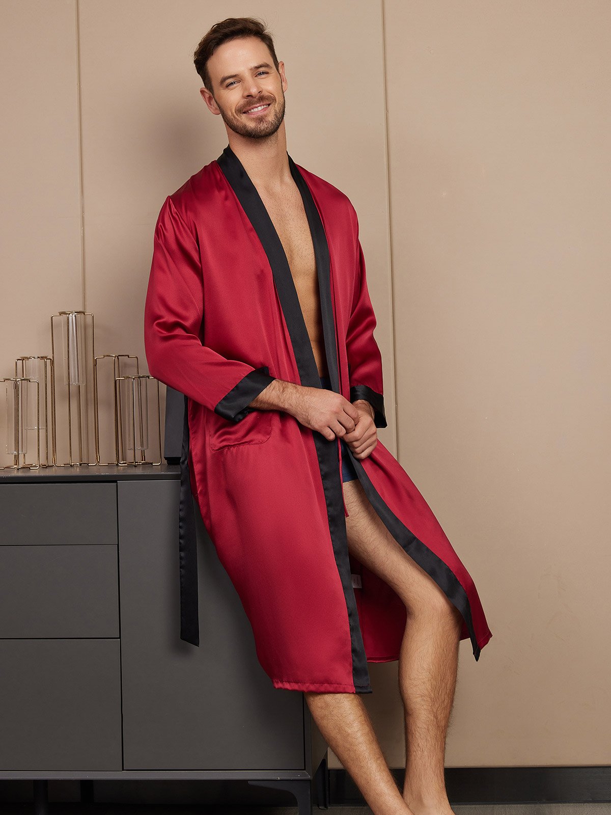 SilkSilky ES Seda Pura Manga larga Mens Robe Vino 005