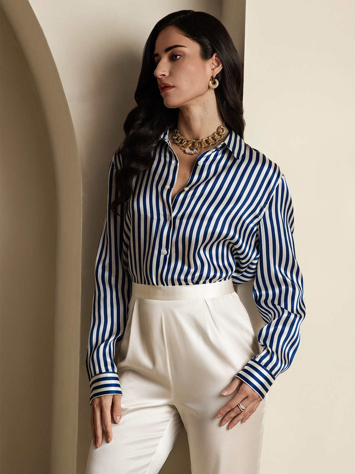 [Azul] SilkSilky-ES Seda Lapel Collar Blusas de Mujer 006
