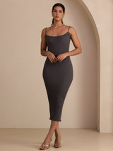 [Gris] SilkSilky-ES Spaghetti Strap Boat Neck Vestido 001