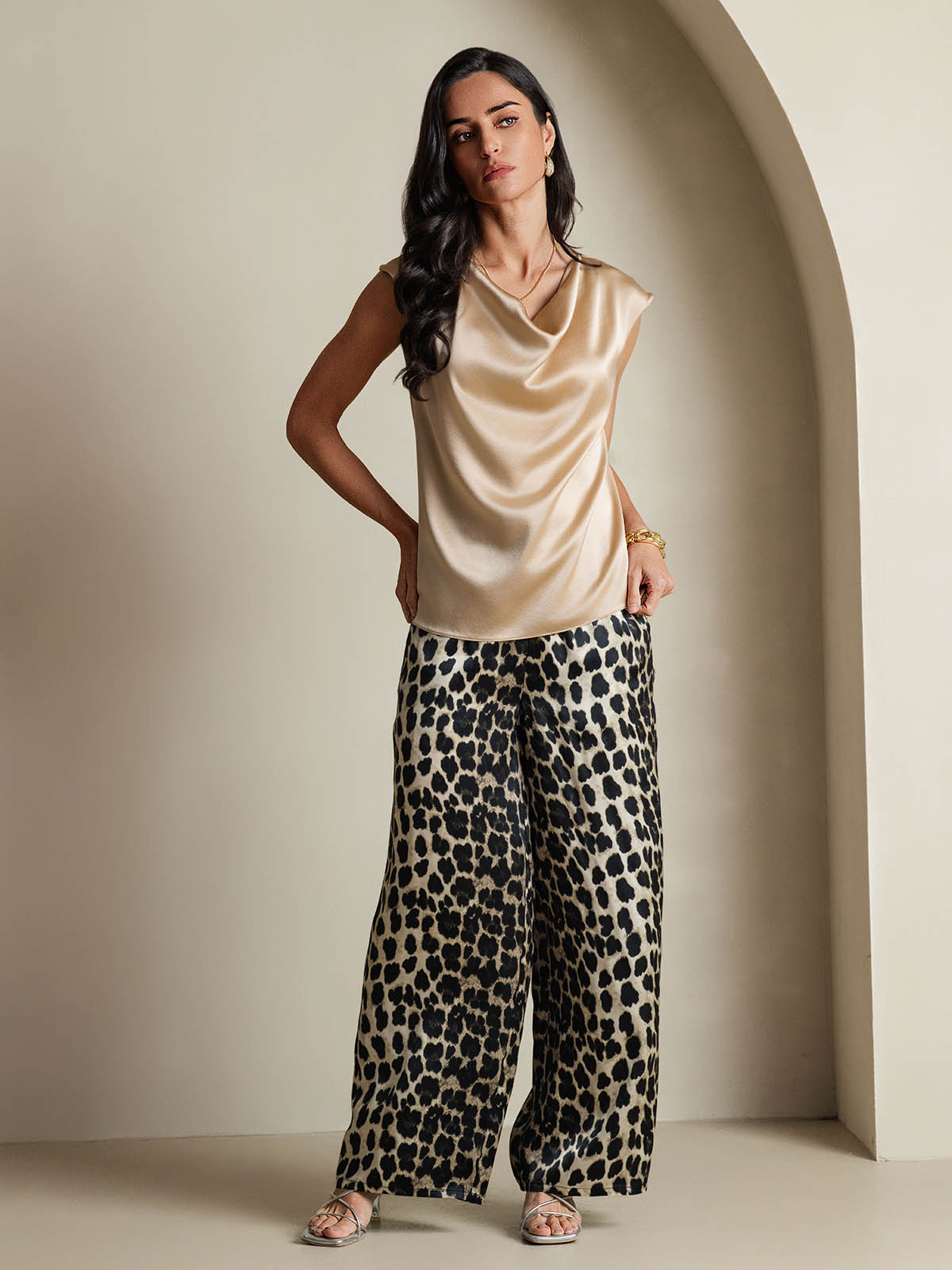 [Champán] SilkSilky-ES 19Momme Seda Sin mangas Womens T-Shirt 007