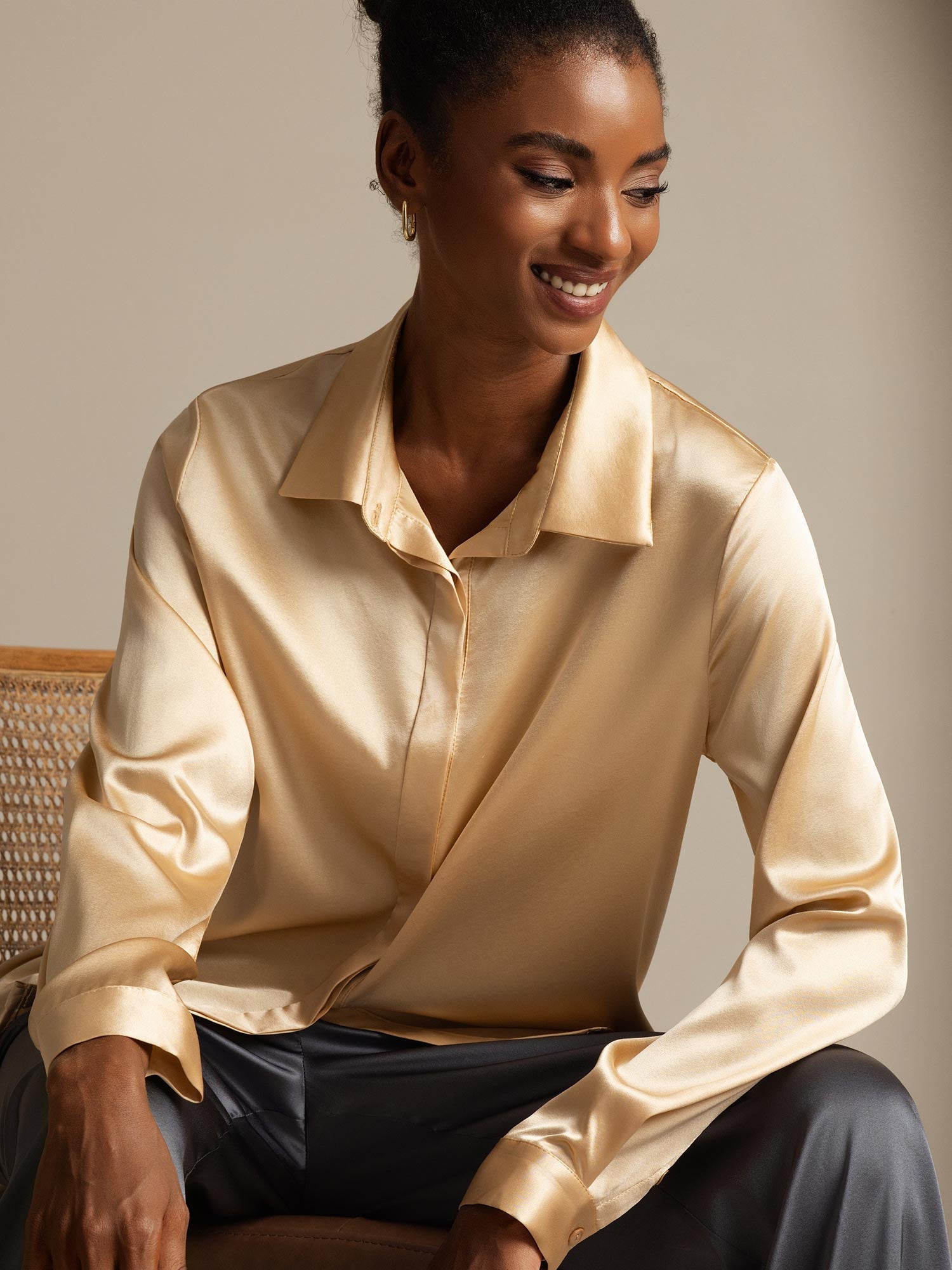 [Champán] SilkSilky-ES 19Momme Seda Manga larga Cuello Camisero Blusas de Mujer 001