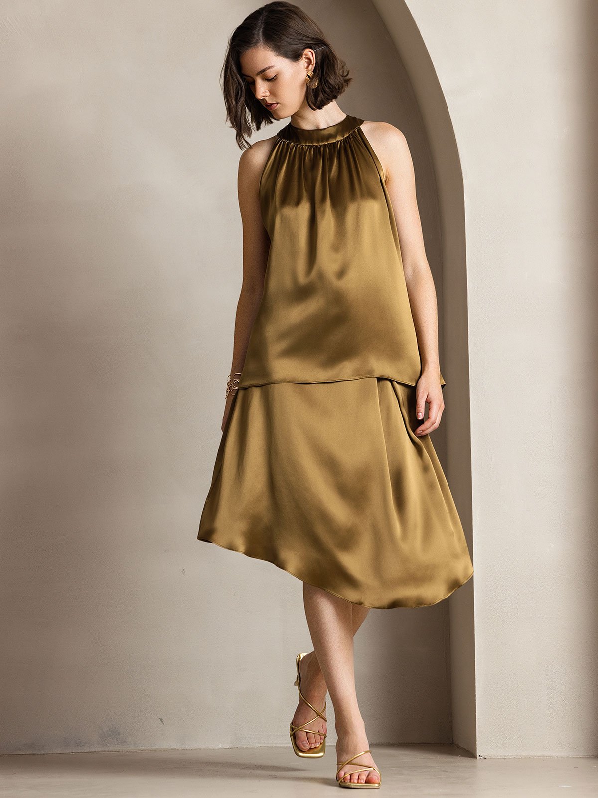 [Marrón] SilkSilky-ES 19Momme Seda Sin mangas Womens T-Shirt 004