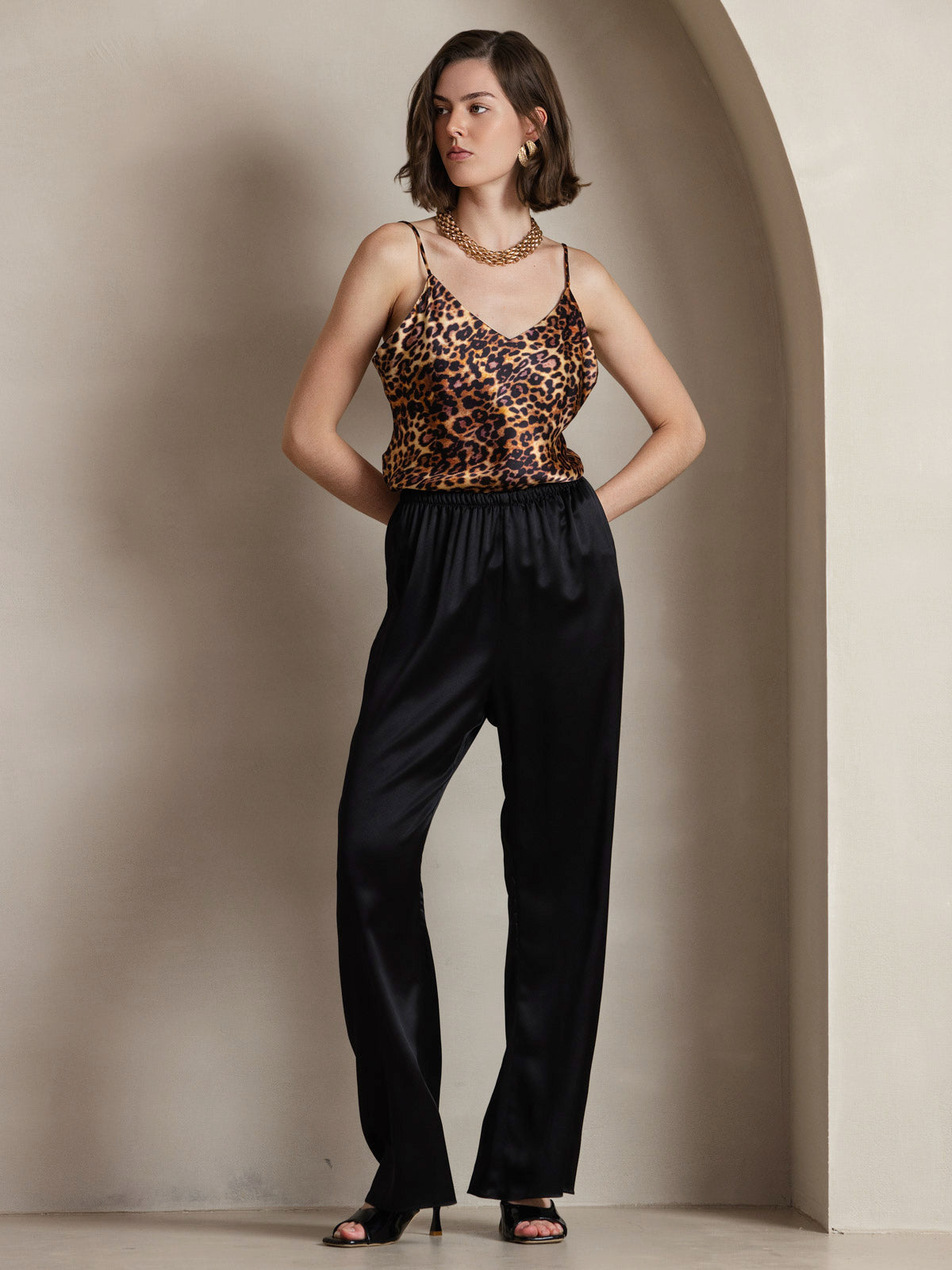 [Leopardo] SilkSilky-ES Seda Pura Cuello en V Top de tirantes 005,