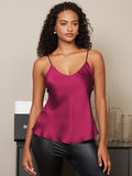 SilkSilky-ES Seda Pura Sin mangas Cuello en V Top de tirantes Fucsia 004