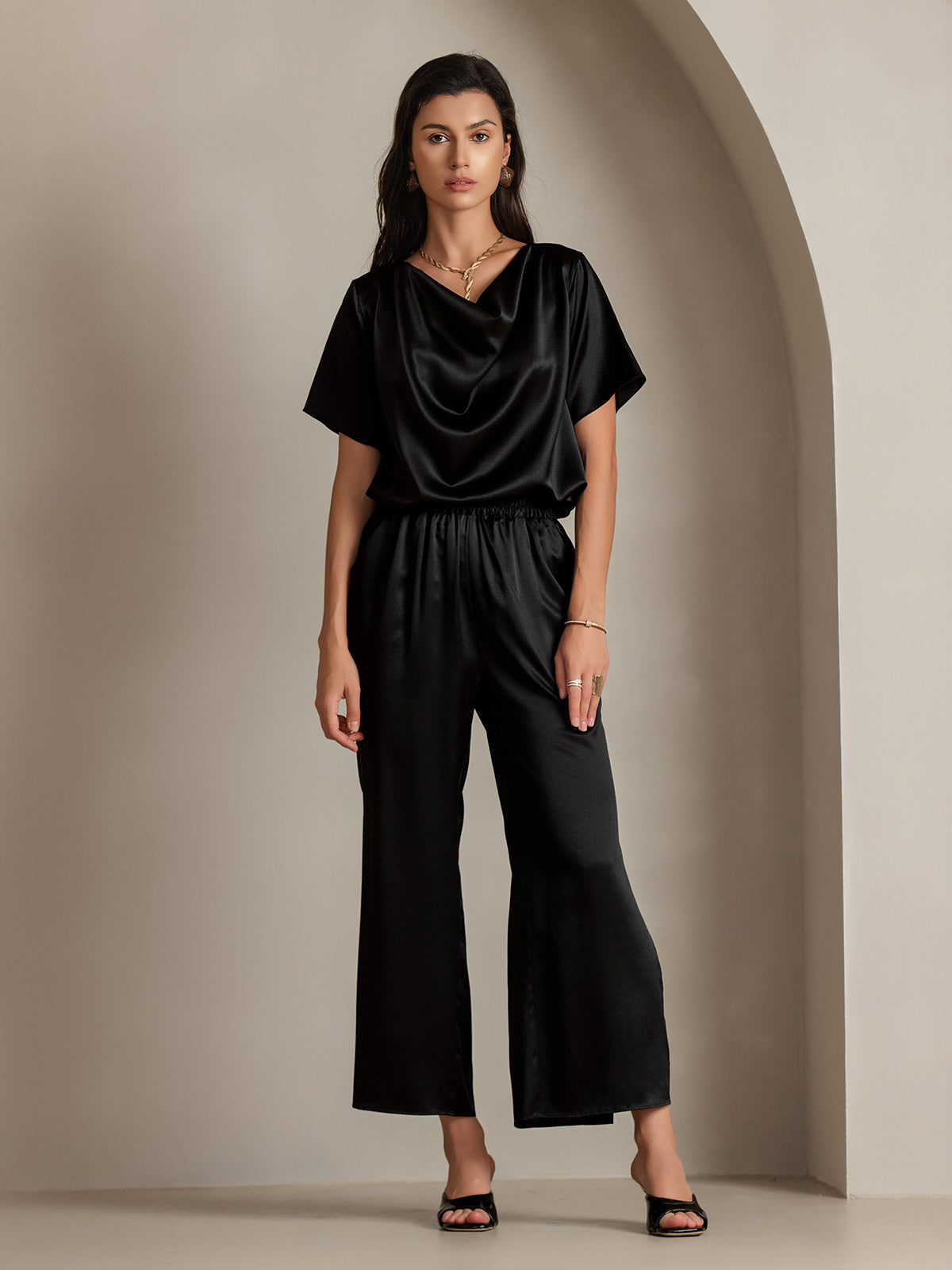 [Negro] SilkSilky-ES 19Momme Seda Manga corta Blouse 005