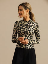 [Leopardo] SilkSilky-ES Manga larga Cuello Simulacro Camisetas de Mujer 004