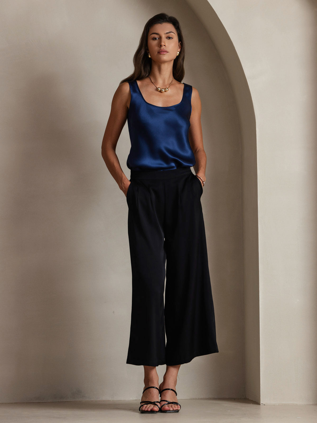 [Azul Oscuro] SilkSilky-ES 19Momme Seda Cuello en U Top de tirantes 008