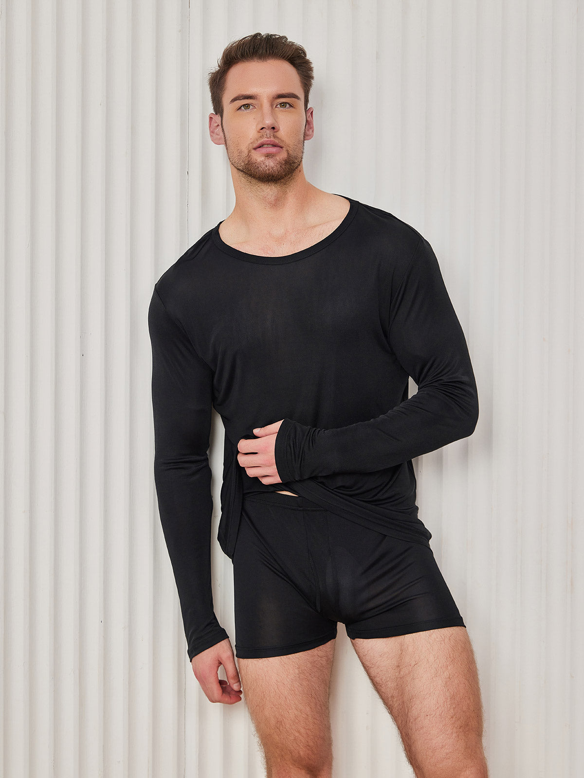 [Negro] SilkSilky-ES Manga larga Cuello Redondo Camiseta de hombre 003
