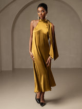 [Marrón] SilkSilky-ES Sleeveless Halter Vestido 006