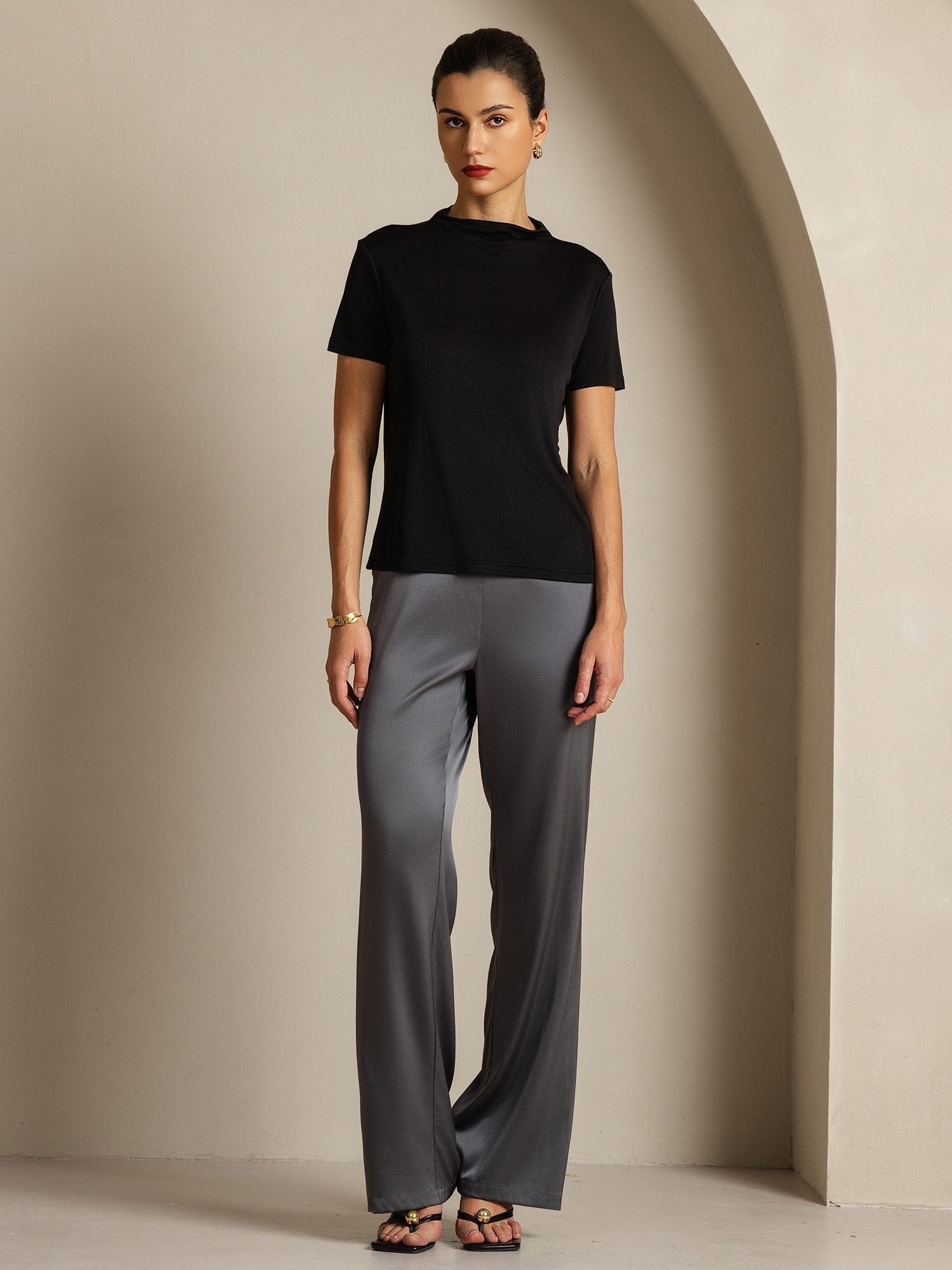 [Negro] SilkSilky-ES Seda Pura Cuello Camisero Camisetas de Mujer 007